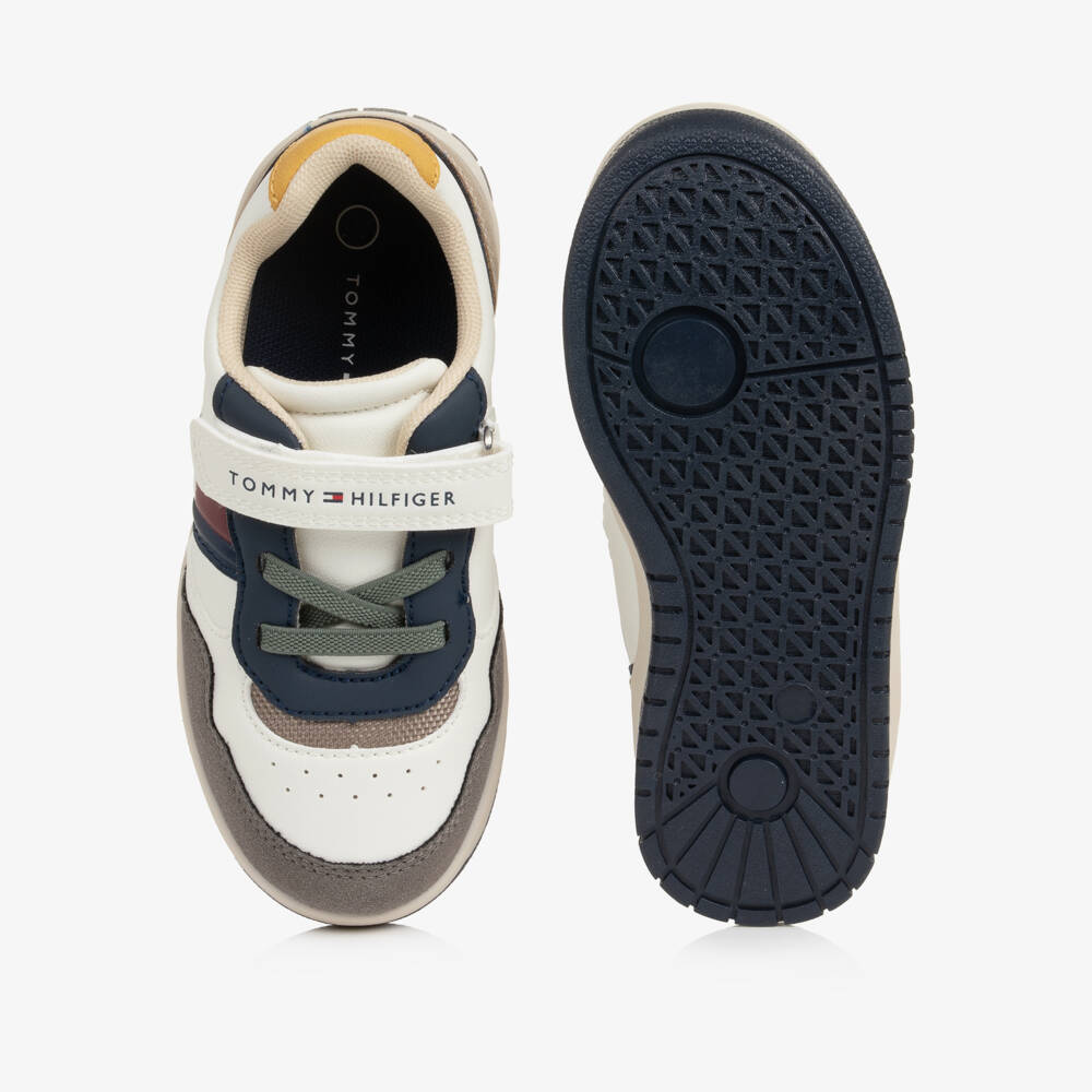 Tommy Hilfiger-Beige & Grey Faux Leather Velcro Trainers | Childrensalon