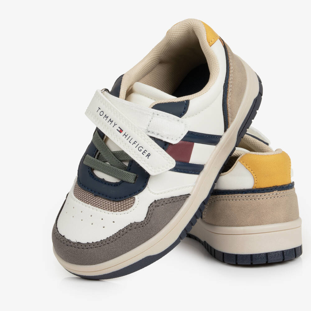 Tommy Hilfiger-Beige & Grey Faux Leather Velcro Trainers | Childrensalon