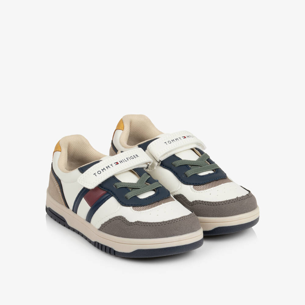 Tommy Hilfiger-Beige & Grey Faux Leather Velcro Trainers | Childrensalon