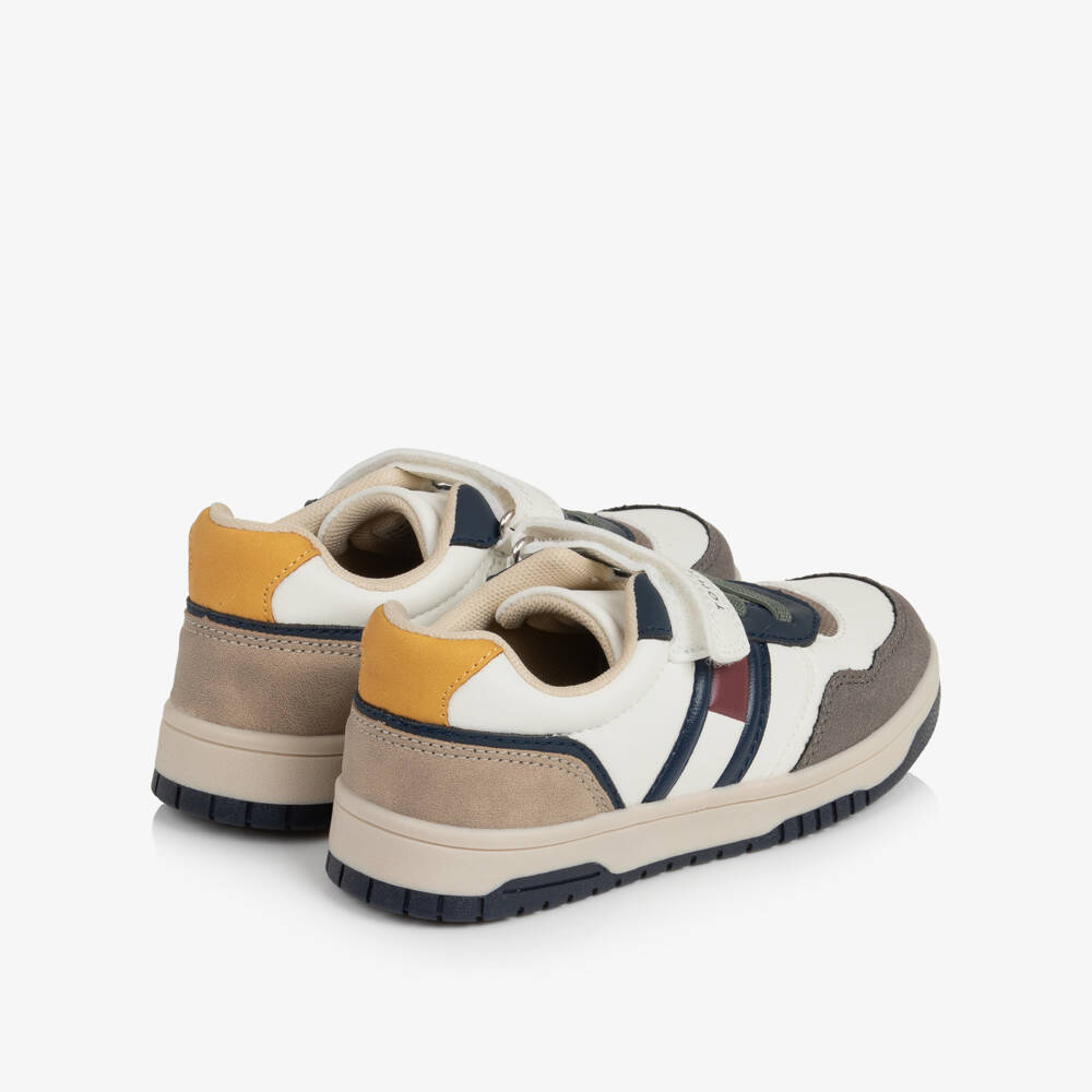 Tommy Hilfiger-Beige & Grey Faux Leather Velcro Trainers | Childrensalon