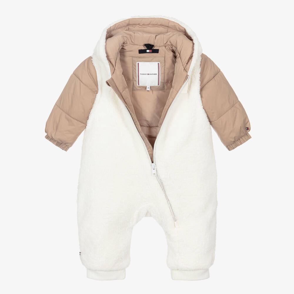 Tommy Hilfiger-Beige & Ivory Sherpa Hooded Pramsuit | Childrensalon