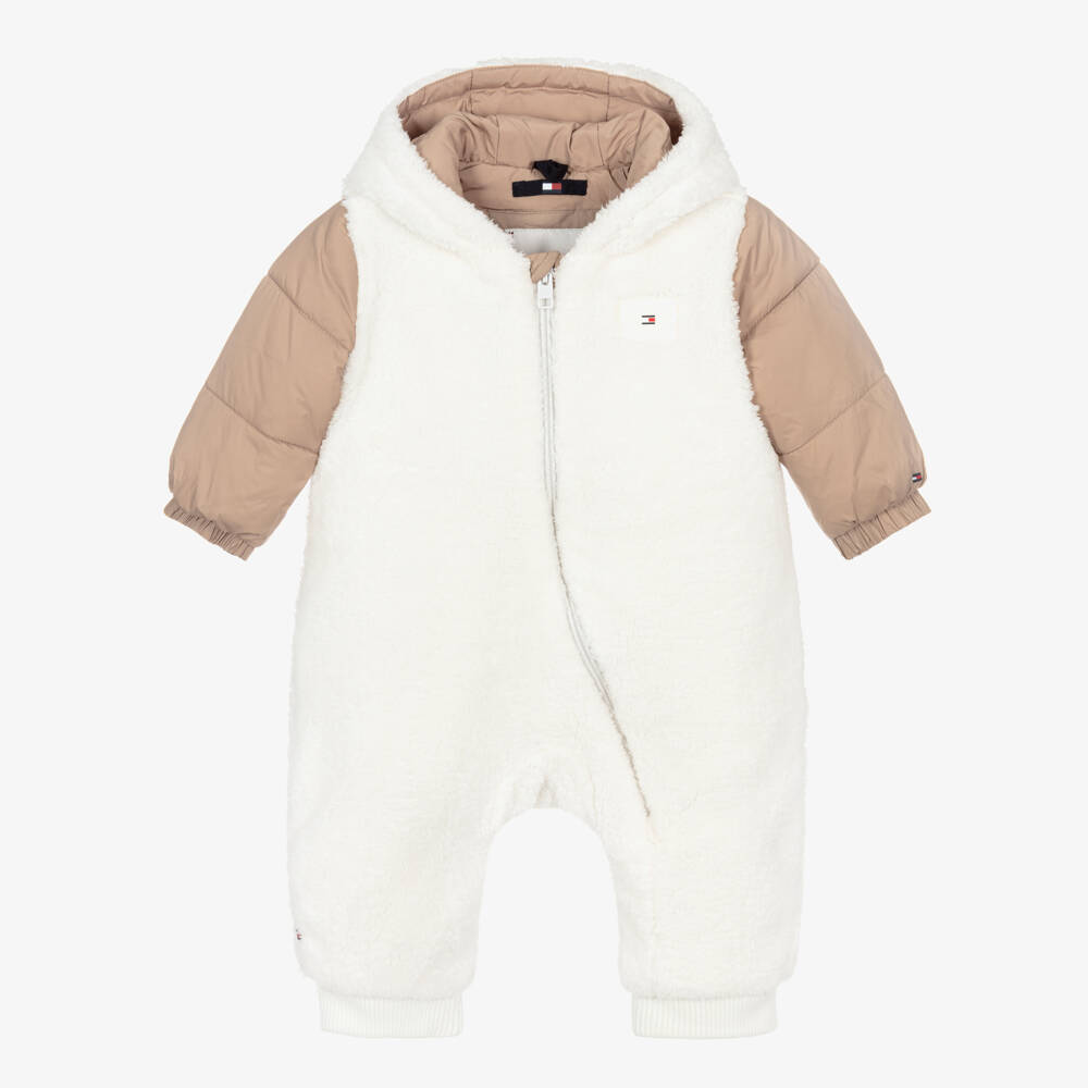 Tommy Hilfiger-Beige & Ivory Sherpa Hooded Pramsuit | Childrensalon