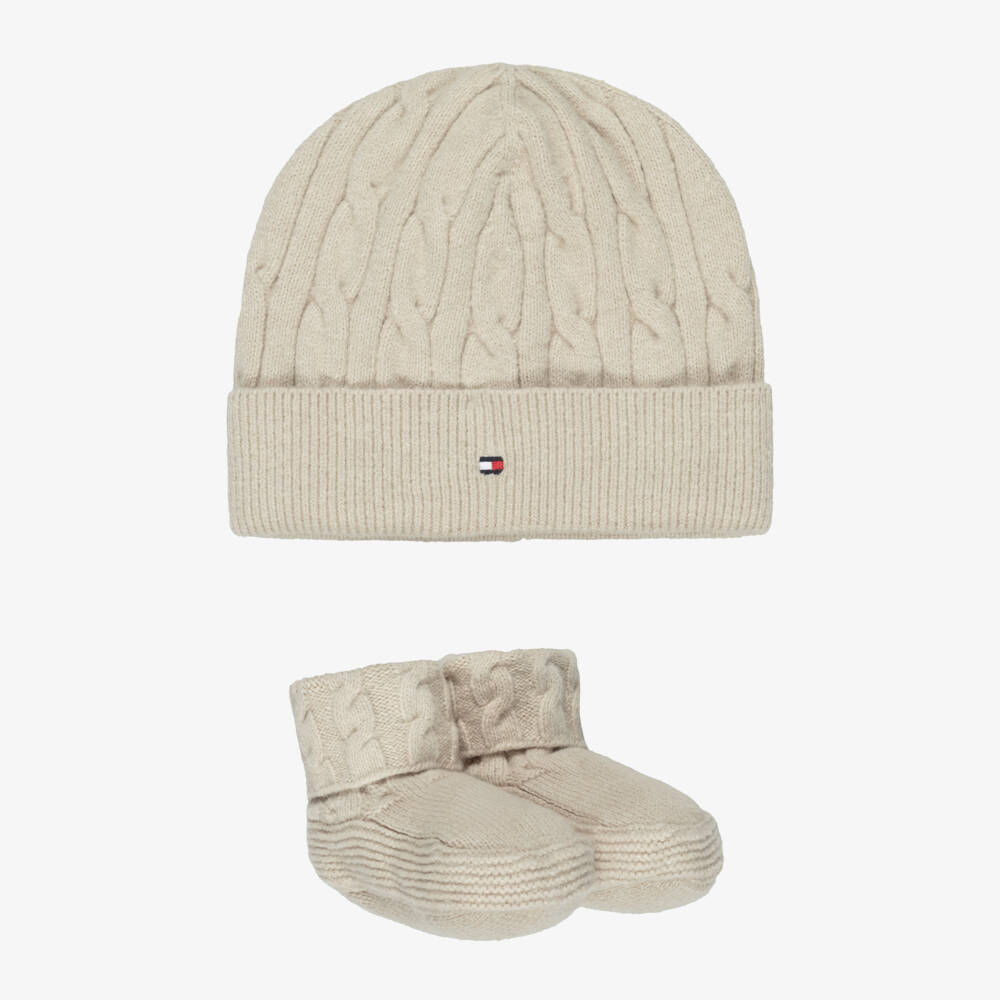 Tommy Hilfiger-Комплект бежевый трикотажный из шапочки бини и пинеток | Childrensalon