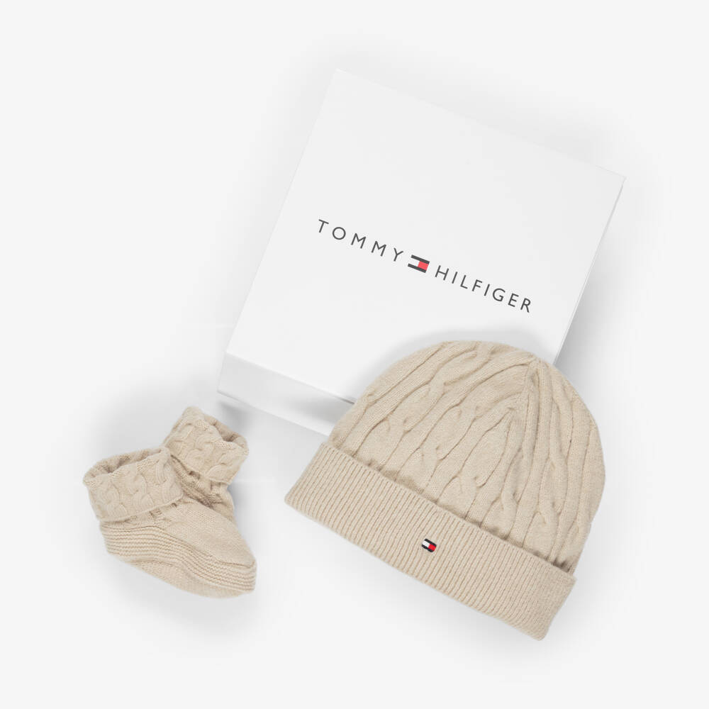 Tommy Hilfiger-Beige Knitted Baby Beanie Hat & Booties Set | Childrensalon