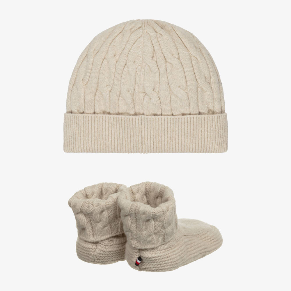 Tommy Hilfiger-Beige Knitted Baby Beanie Hat & Booties Set | Childrensalon