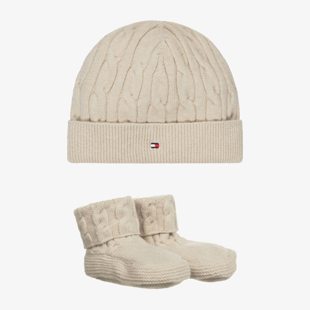 Tommy Hilfiger-Beige Knitted Baby Beanie Hat & Booties Set | Childrensalon