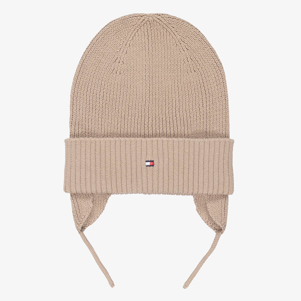 Tommy Hilfiger-Beige Knitted Organic Cotton Hat with Ear Flaps | Childrensalon