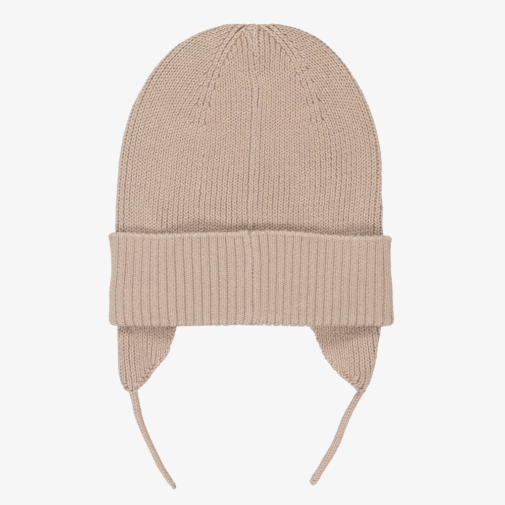 Tommy Hilfiger-Beige Knitted Organic Cotton Hat with Ear Flaps | Childrensalon