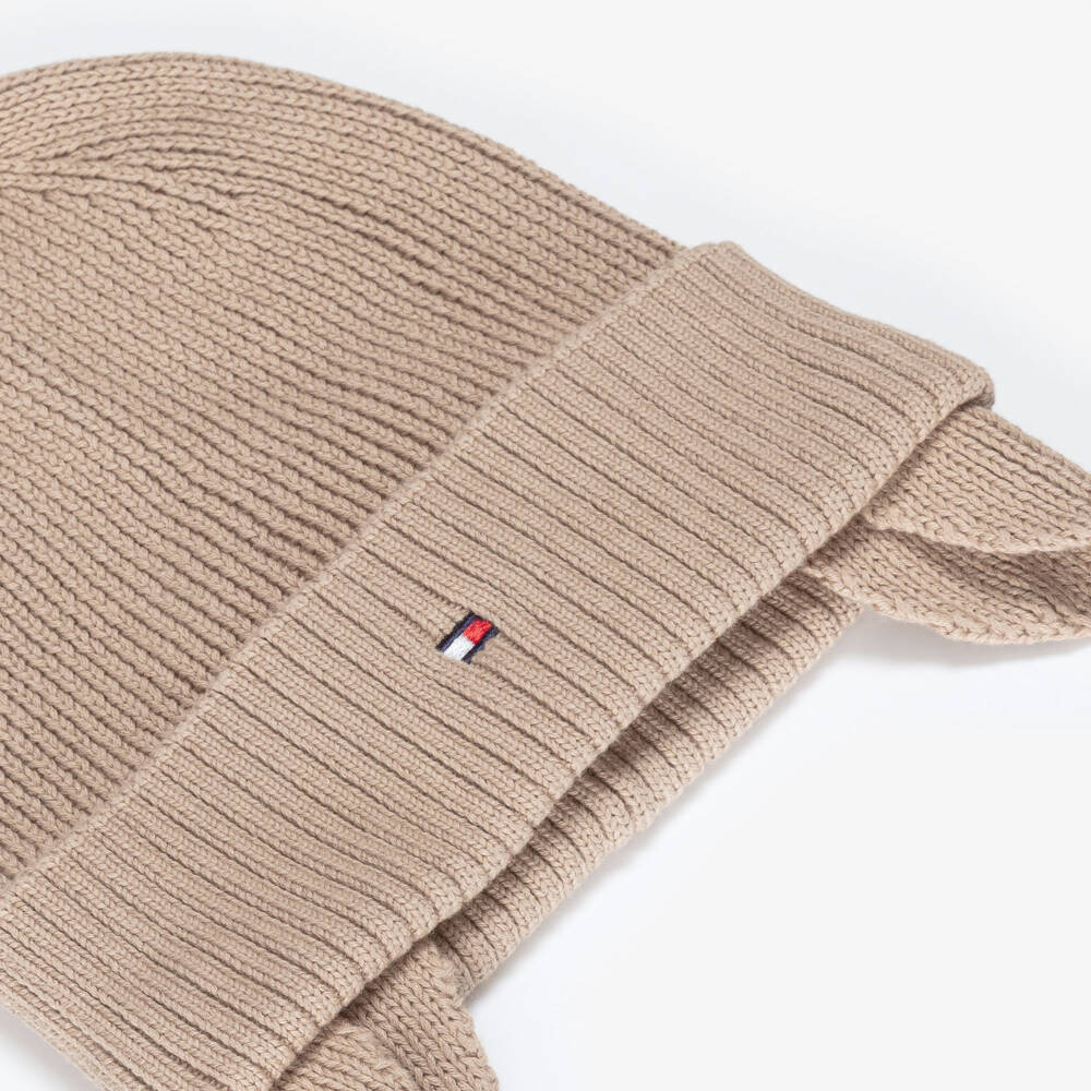 Tommy Hilfiger-Beige Knitted Organic Cotton Hat with Ear Flaps | Childrensalon