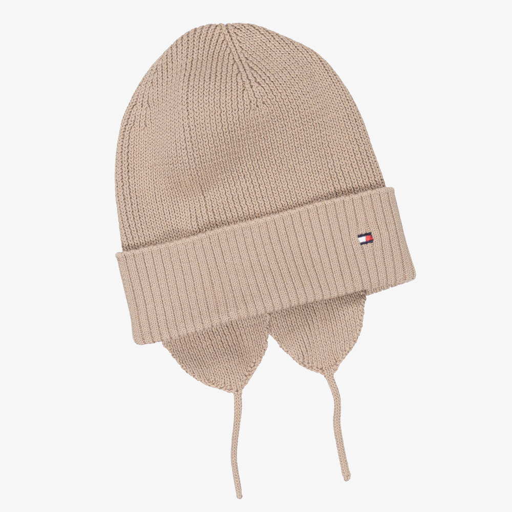 Tommy Hilfiger-Beige Knitted Organic Cotton Hat with Ear Flaps | Childrensalon