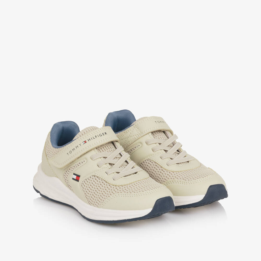 Tommy Hilfiger-Beige Mesh & Faux Leather Velcro Trainers | Childrensalon