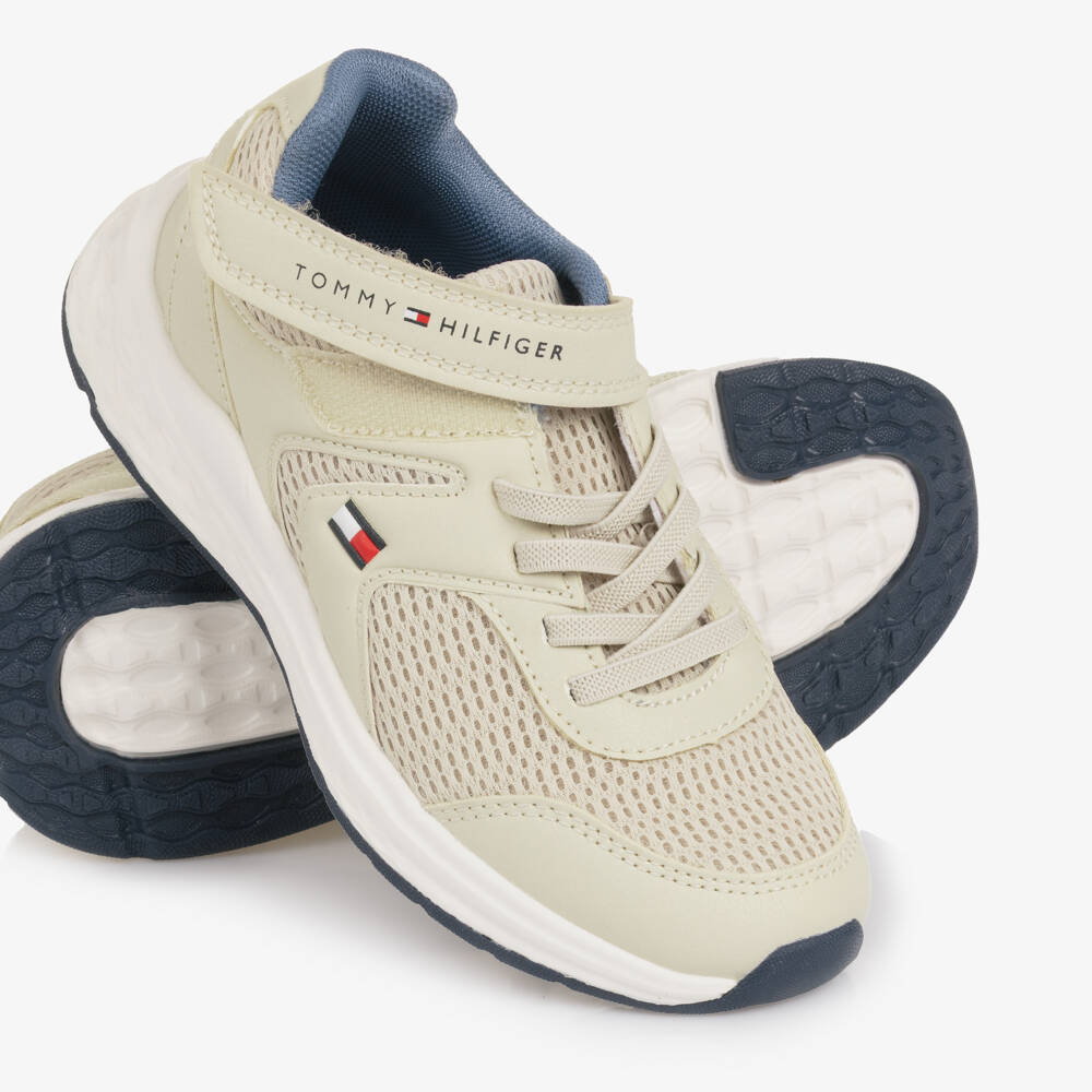 Tommy Hilfiger-Beige Mesh & Faux Leather Velcro Trainers | Childrensalon