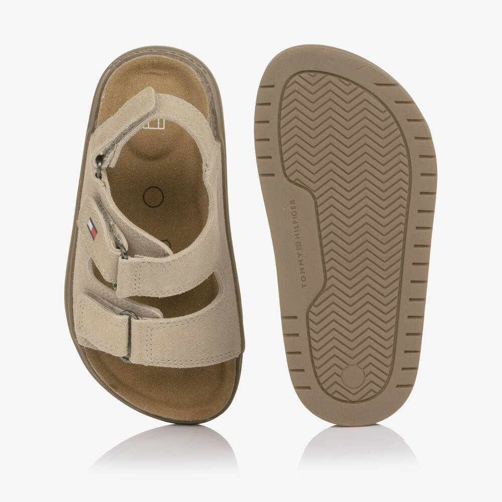 Tommy Hilfiger-Beige Suede Leather Sandals with Velcro Fastening | Childrensalon