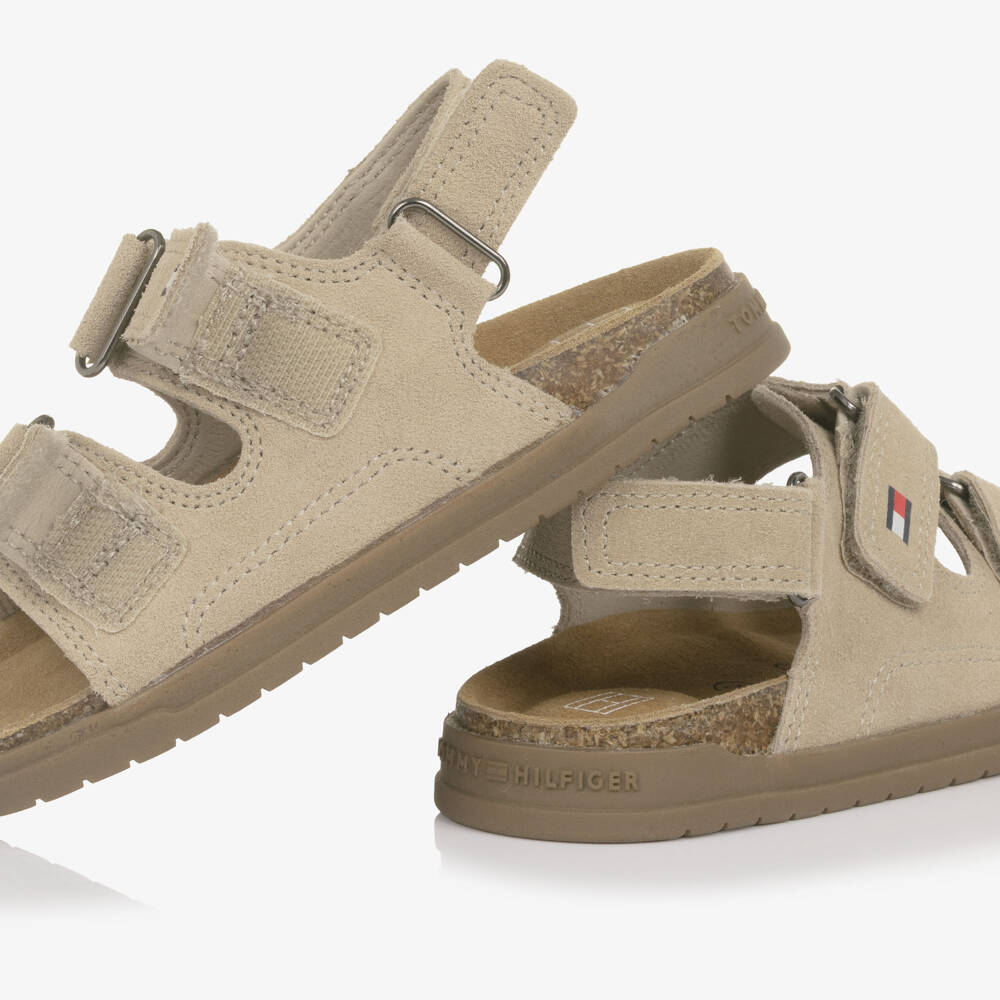 Tommy Hilfiger-Beige Suede Leather Sandals with Velcro Fastening | Childrensalon