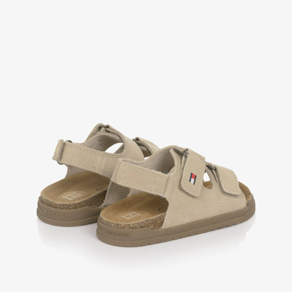 Tommy Hilfiger-Beige Suede Leather Sandals with Velcro Fastening | Childrensalon
