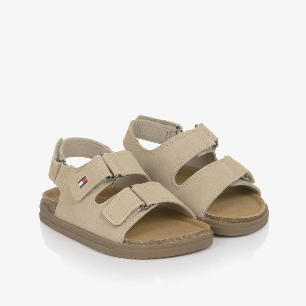 Tommy Hilfiger-Beige Suede Leather Sandals with Velcro Fastening | Childrensalon