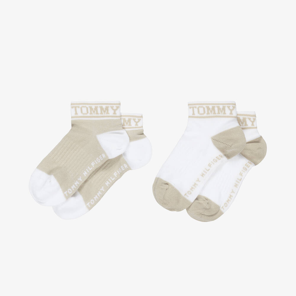 Tommy Hilfiger-Beige & White Cotton Ankle Socks with Logos | Childrensalon