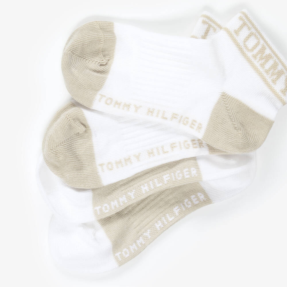 Tommy Hilfiger-Beige & White Cotton Ankle Socks with Logos | Childrensalon