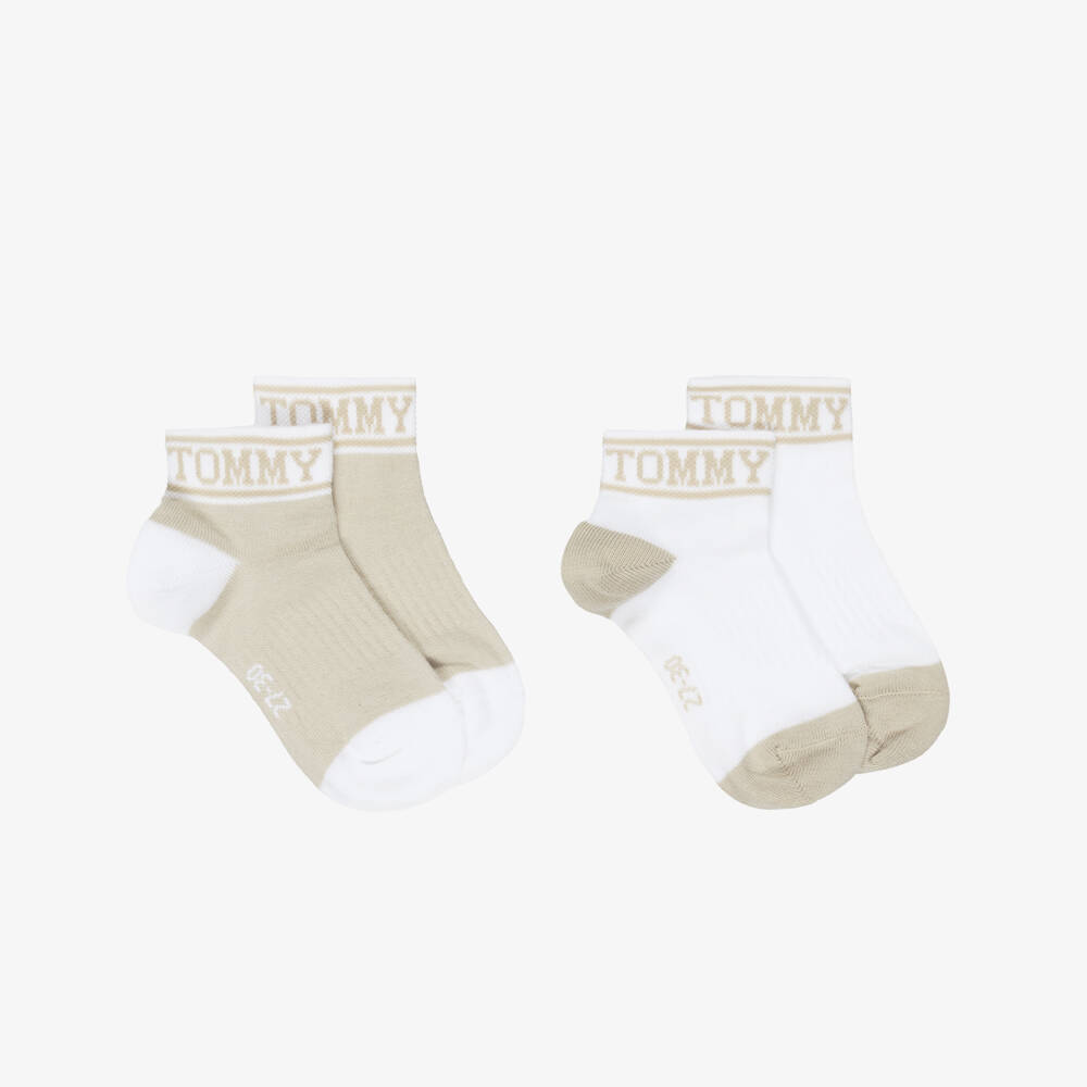 Tommy Hilfiger-Beige & White Cotton Ankle Socks with Logos | Childrensalon