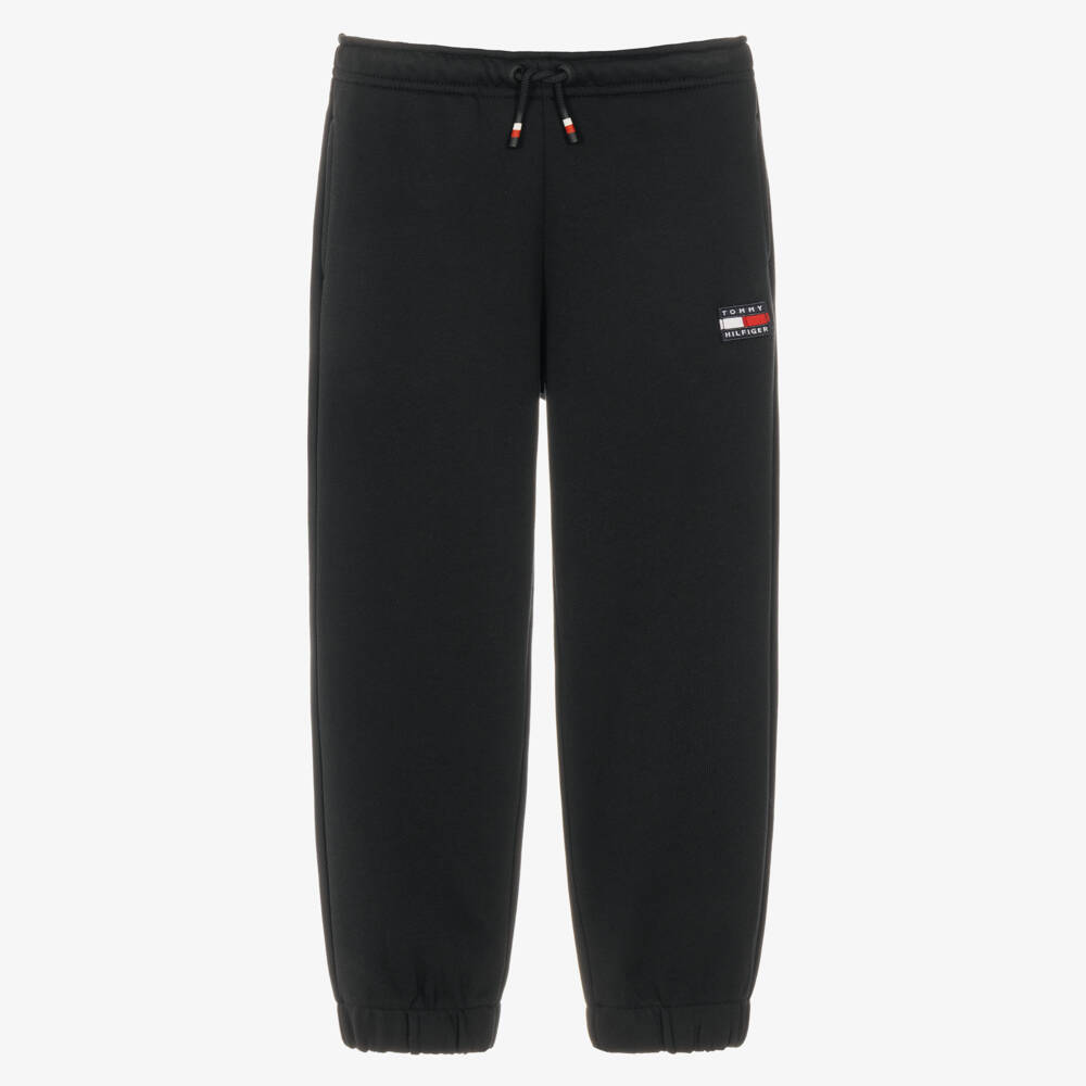Tommy Hilfiger-Black Cotton Joggers with Heritage Flag Logo  | Childrensalon