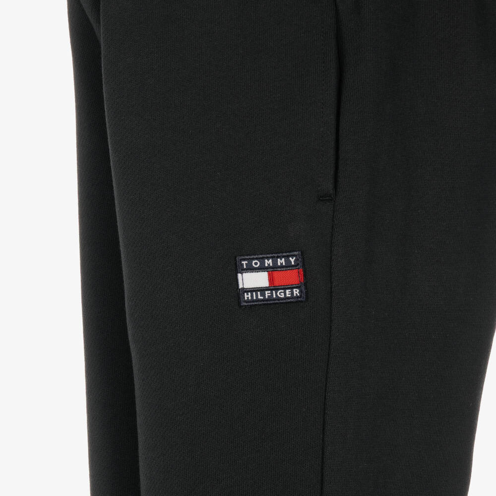 Tommy Hilfiger-Black Cotton Joggers with Heritage Flag Logo | Childrensalon