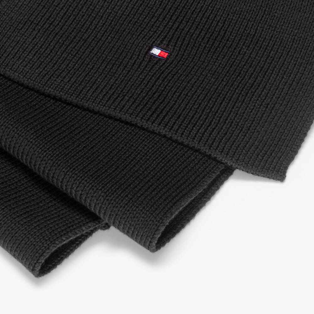 Tommy Hilfiger-Black Cotton Knit Scarf with Embroidered Flag Logo (150cm) | Childrensalon