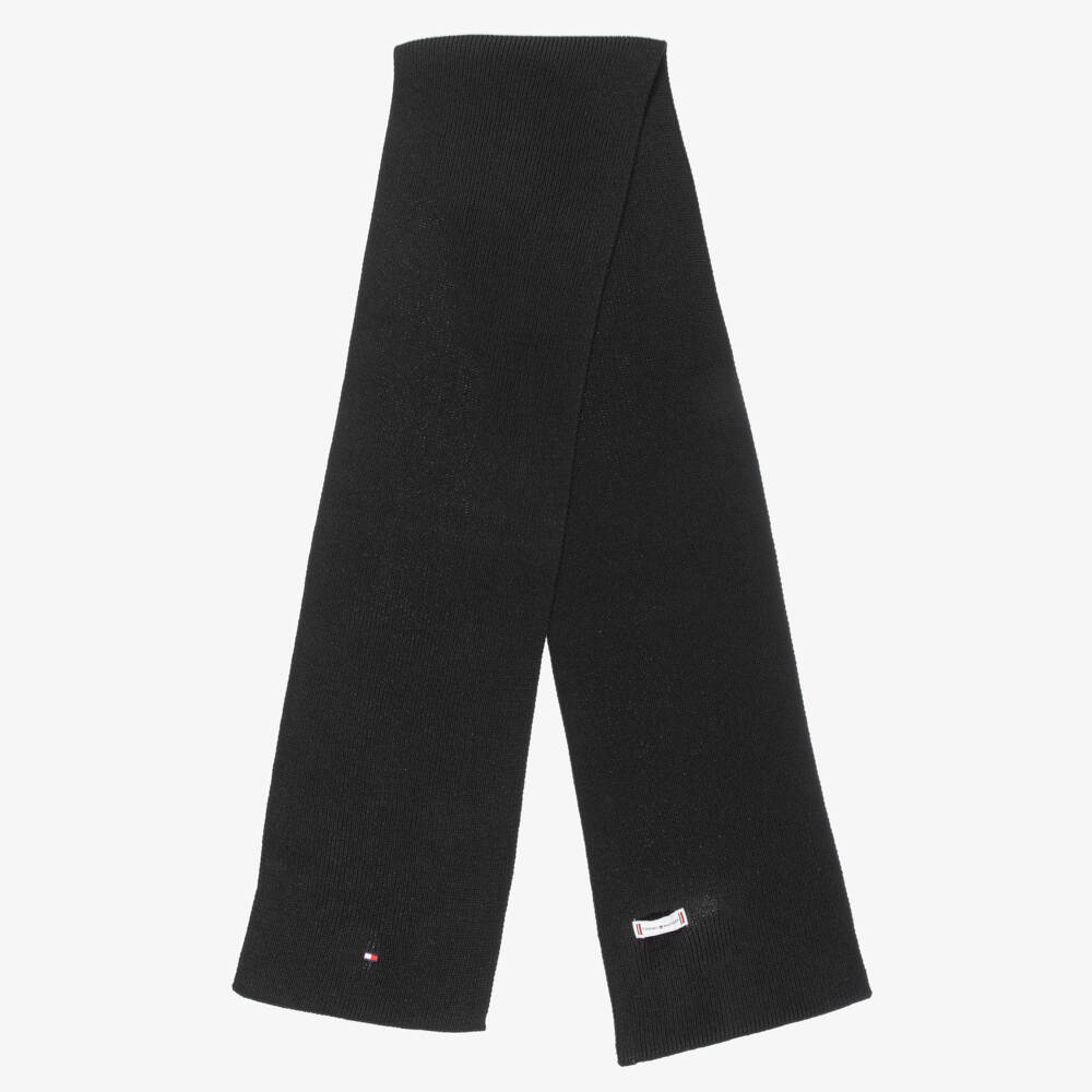Tommy Hilfiger-Black Cotton Knit Scarf with Embroidered Flag Logo (150cm) | Childrensalon