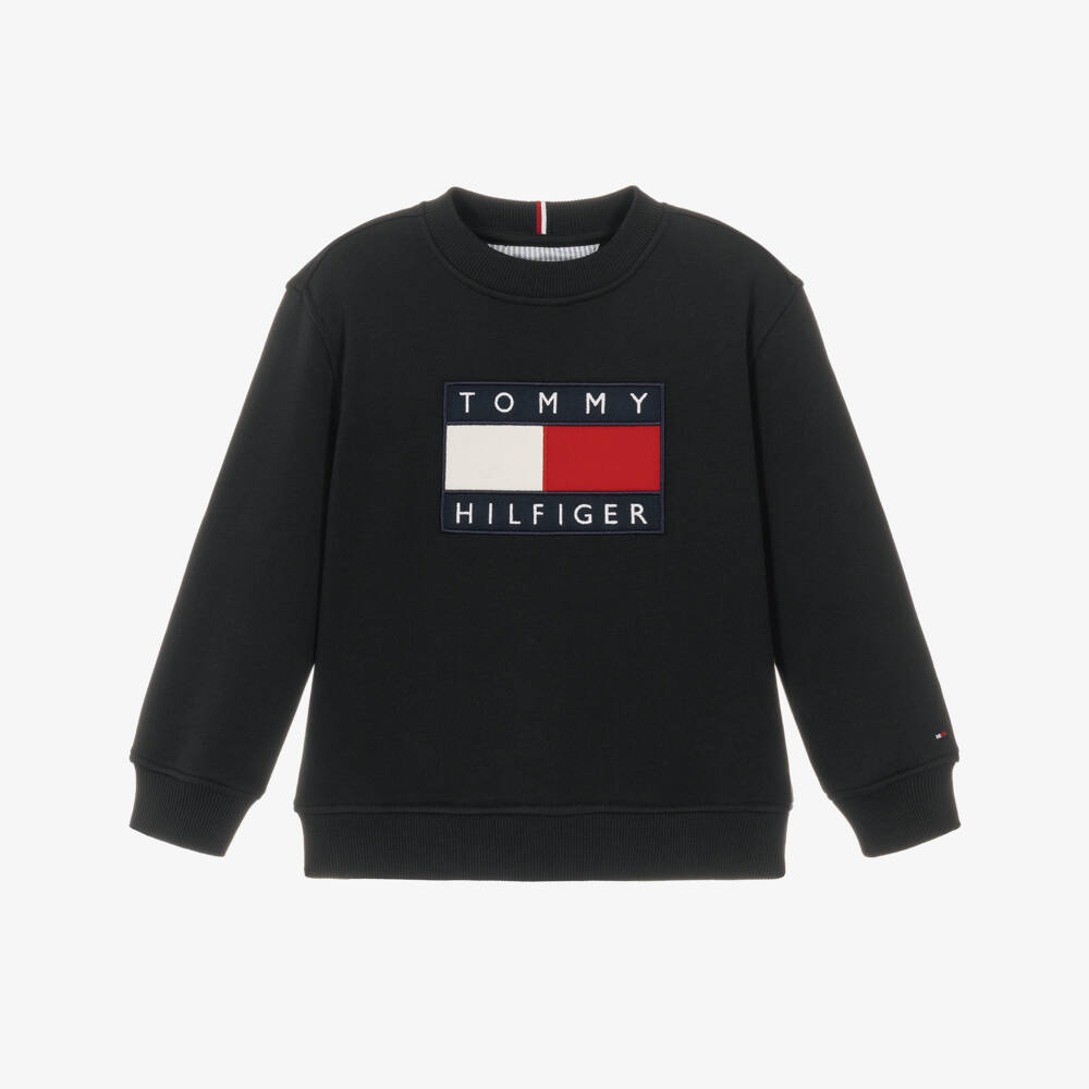 Tommy Hilfiger-Black Cotton Sweatshirt with Heritage Flag Logo  | Childrensalon