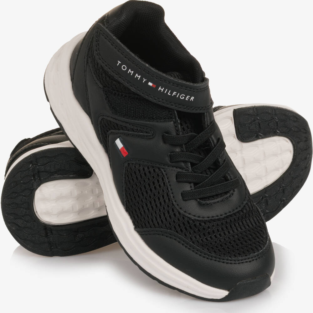 Tommy Hilfiger-Black Mesh & Faux Leather Velcro Trainers | Childrensalon