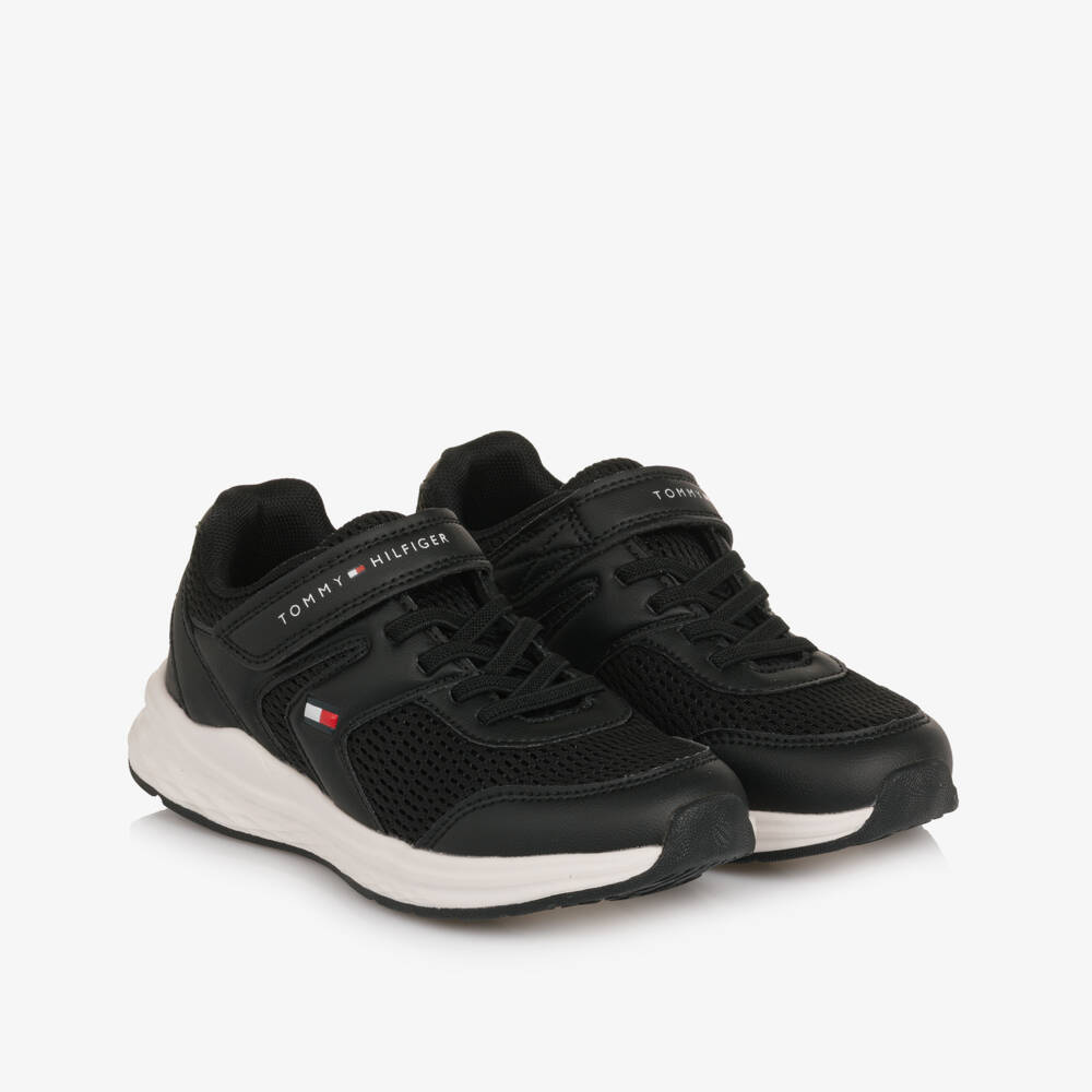 Tommy Hilfiger-Black Mesh & Faux Leather Velcro Trainers | Childrensalon