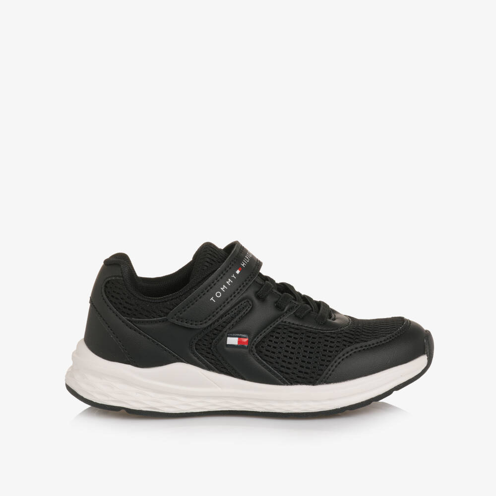 Tommy Hilfiger-Black Mesh & Faux Leather Velcro Trainers | Childrensalon