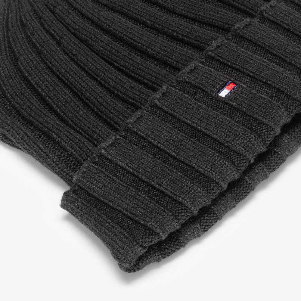 Tommy Hilfiger-Black Organic Cotton Ribbed Knit Beanie Hat | Childrensalon