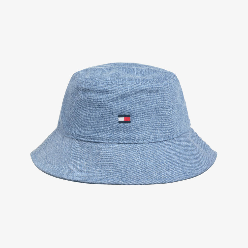 Tommy Hilfiger-Blue Denim Bucket Hat with Embroidered Flag Logo | Childrensalon