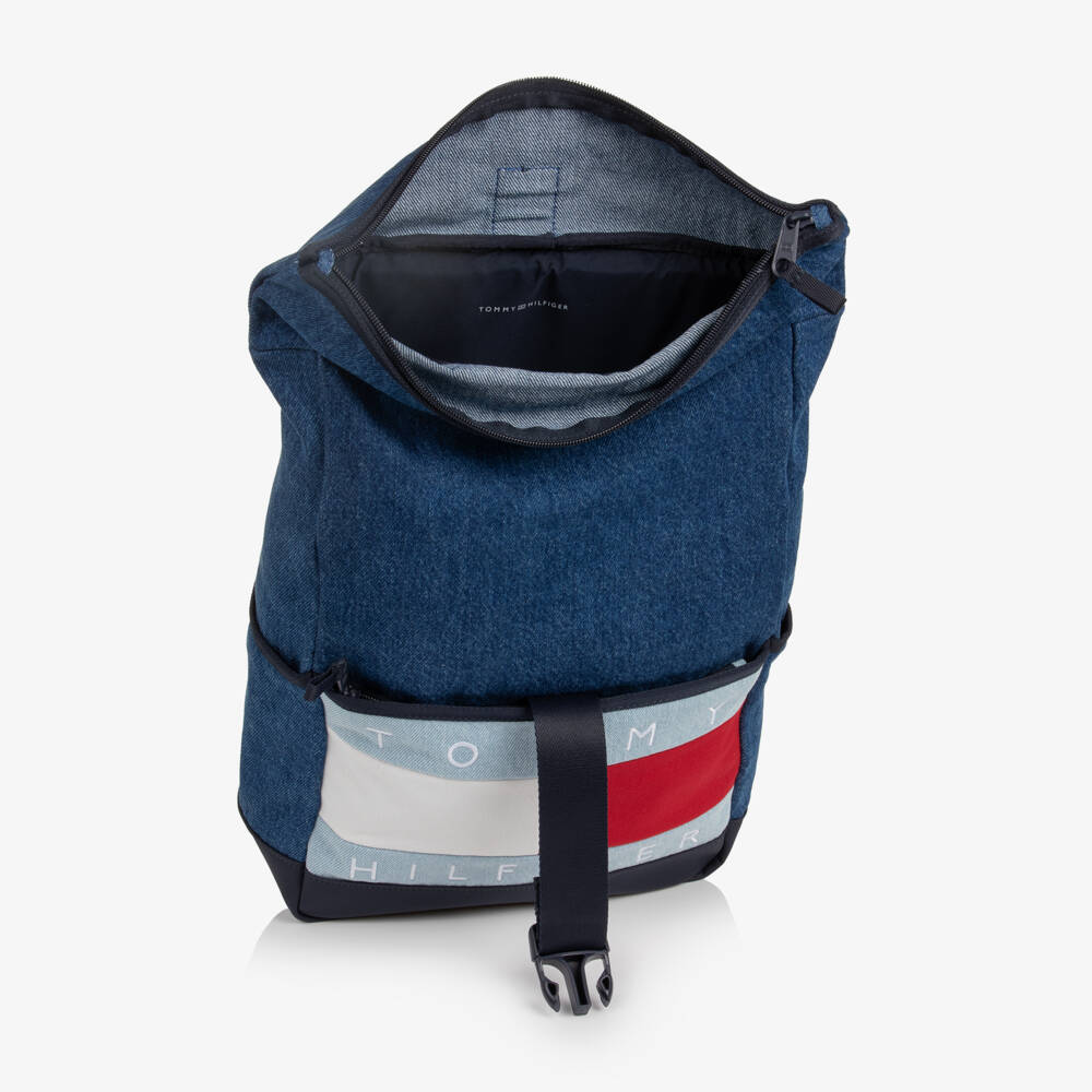 Tommy Hilfiger-Blue Denim Heritage Flag Logo Roll-Top Backpack (39cm) | Childrensalon