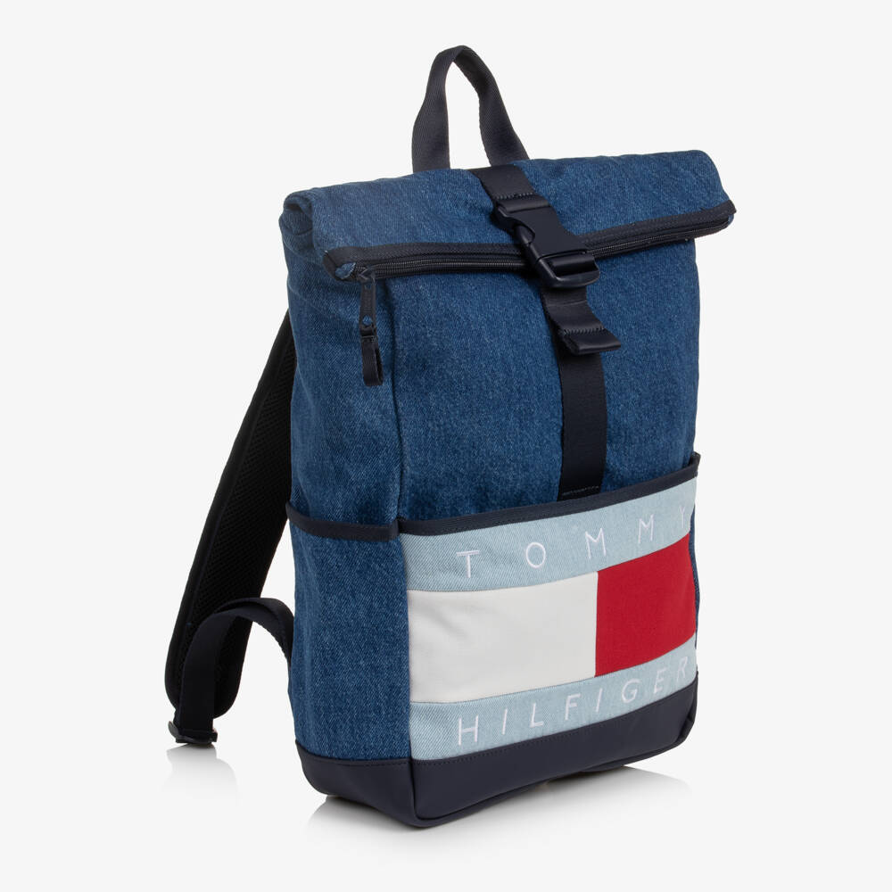 Tommy Hilfiger-Blue Denim Heritage Flag Logo Roll-Top Backpack (39cm) | Childrensalon