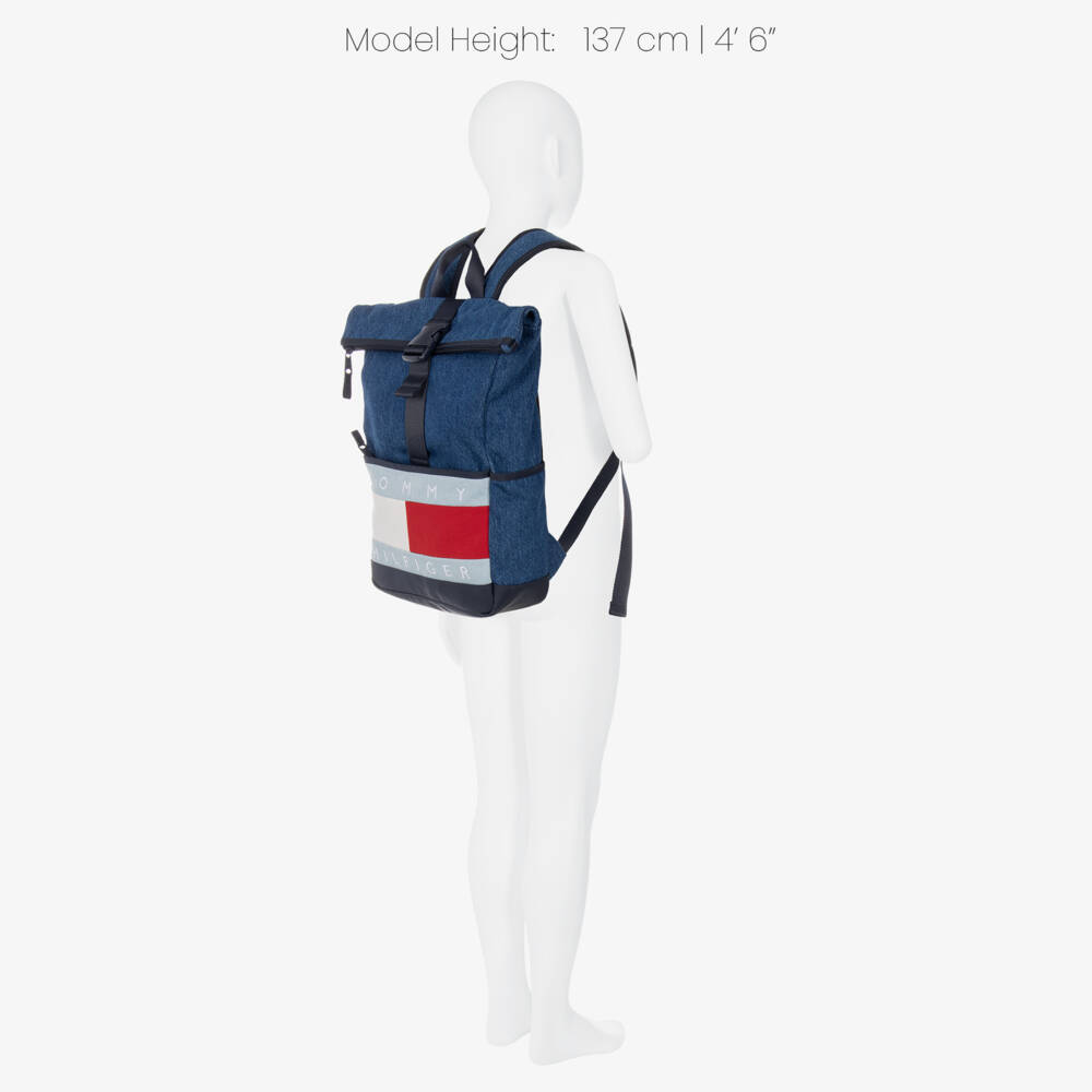 Tommy Hilfiger-Blue Denim Heritage Flag Logo Roll-Top Backpack (39cm) | Childrensalon