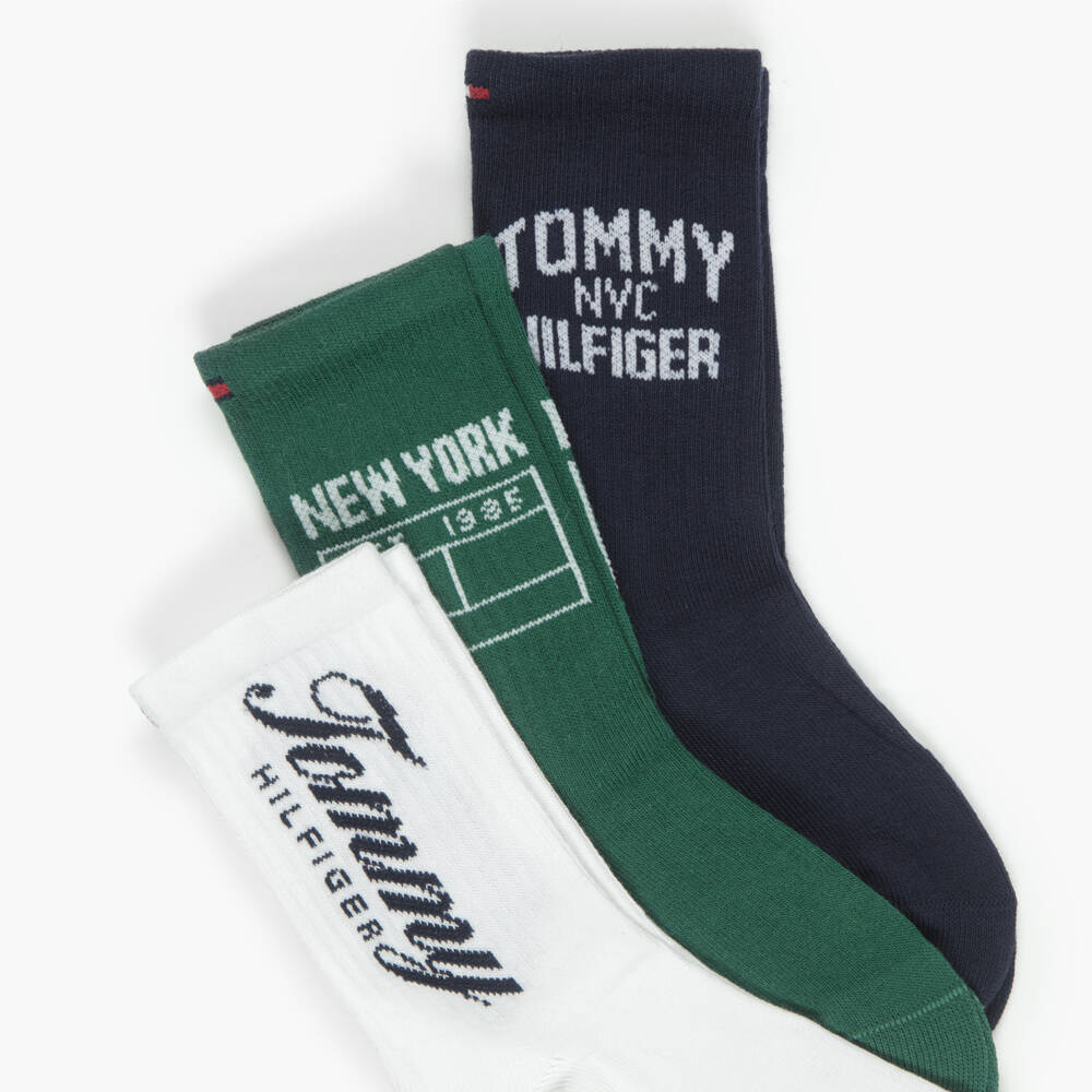 Tommy Hilfiger-Blue, White & Green Logo Socks (3 Pack) | Childrensalon