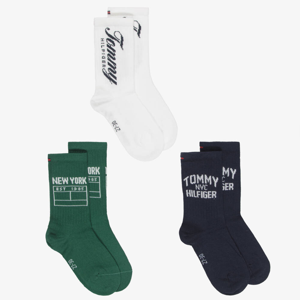 Tommy Hilfiger-Blue, White & Green Logo Socks (3 Pack) | Childrensalon