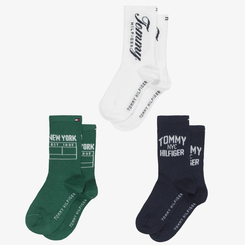 Tommy Hilfiger-Blue, White & Green Logo Socks (3 Pack) | Childrensalon