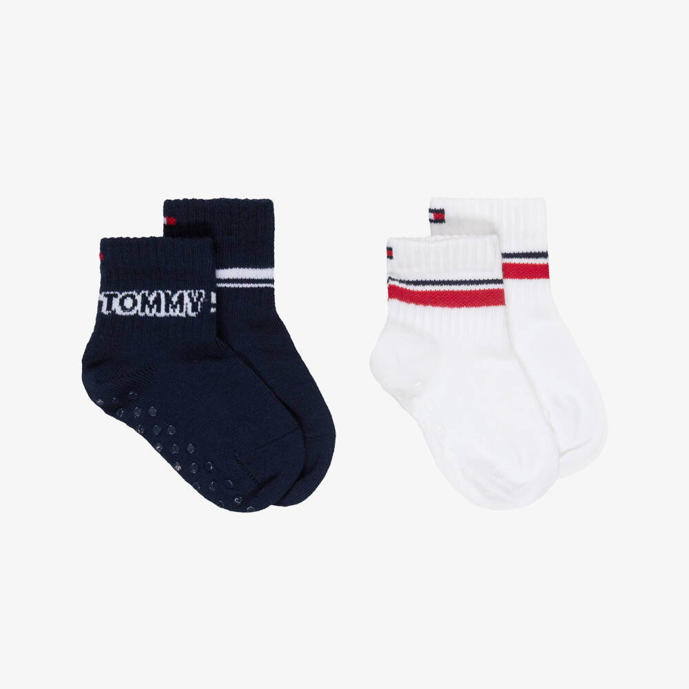 Tommy Hilfiger-Blue & White Logo Baby Socks with Anti-Slip Grips (2 Pack) | Childrensalon