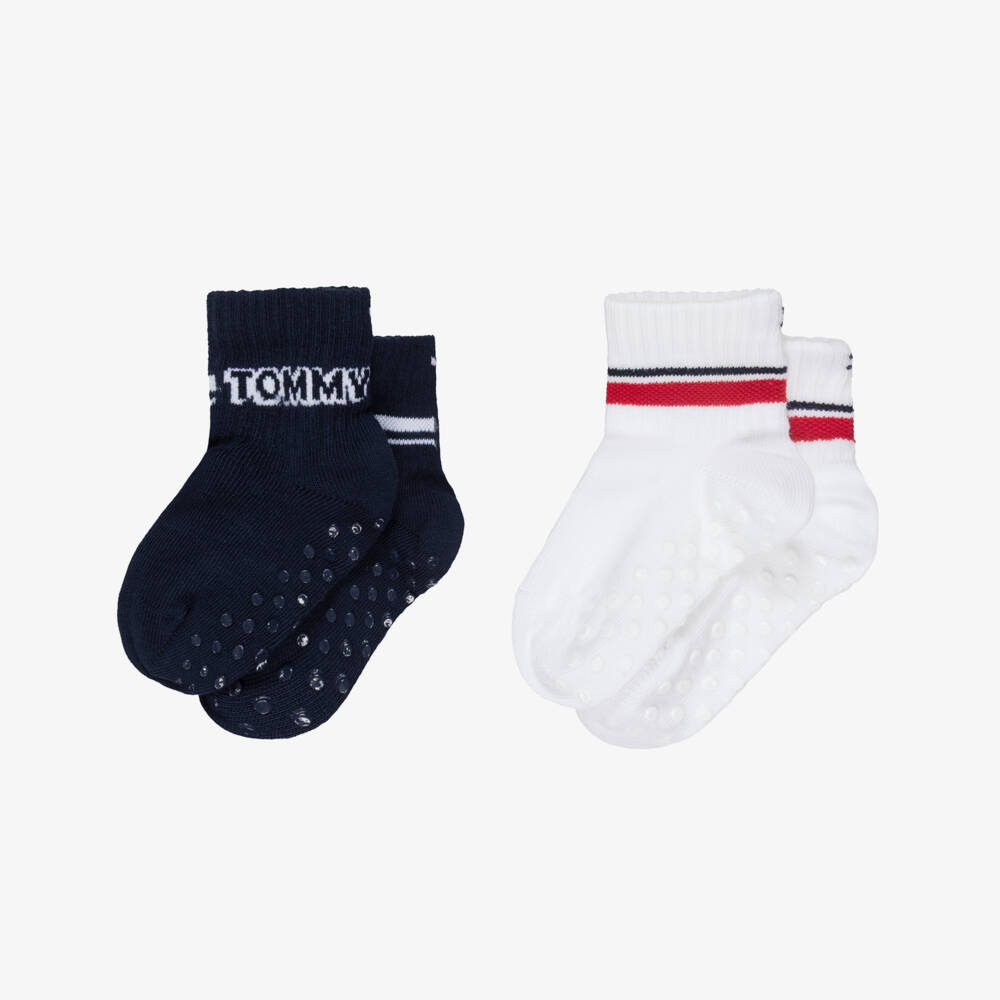 Tommy Hilfiger-Blue & White Logo Baby Socks with Anti-Slip Grips (2 Pack) | Childrensalon