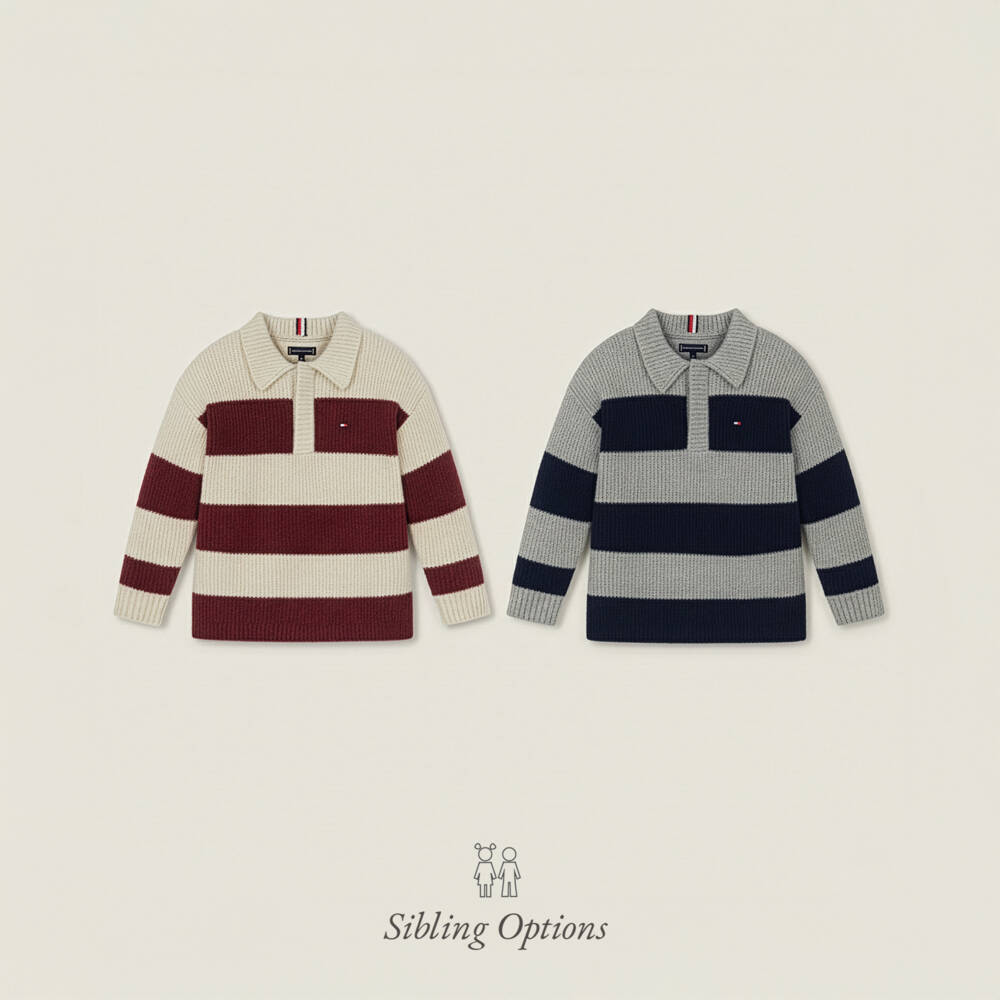 Tommy Hilfiger-Boys Beige & Burgundy Red Striped Rugby Sweater | Childrensalon
