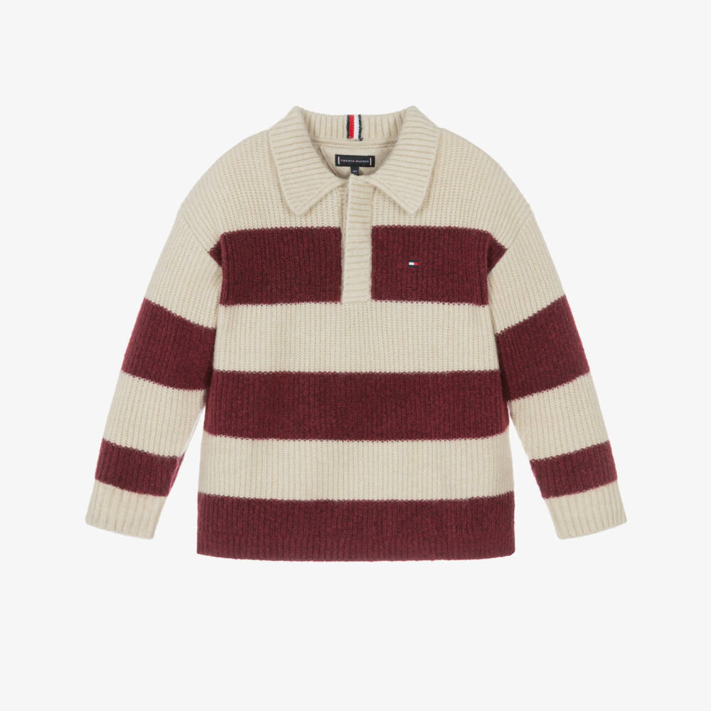 Tommy Hilfiger-Boys Beige & Burgundy Red Striped Rugby Sweater | Childrensalon