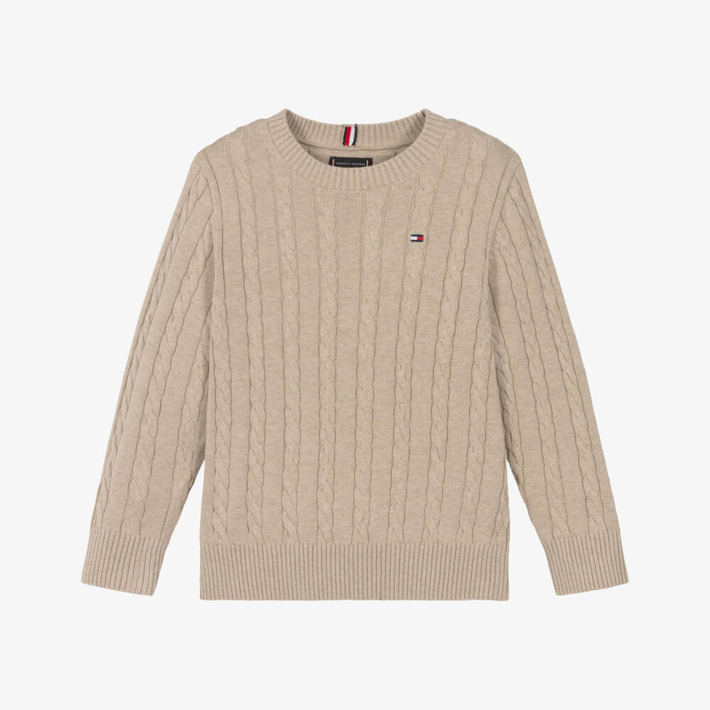 Tommy Hilfiger-Boys Beige Cotton Cable Knit Sweater | Childrensalon