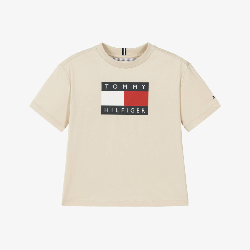 Tommy Hilfiger-Boys Beige Cotton Heritage Flag T-Shirt | Childrensalon