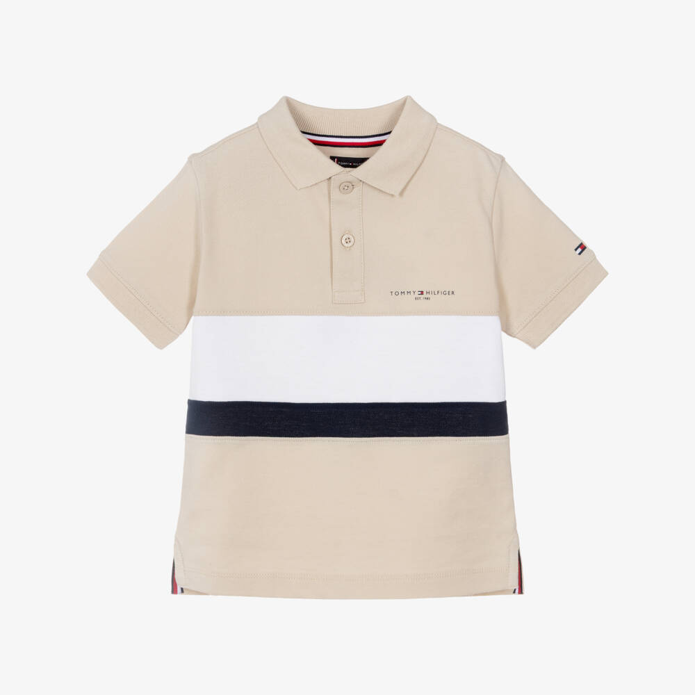 Tommy Hilfiger-Boys Beige Cotton Piqué Colour Block Polo Shirt | Childrensalon