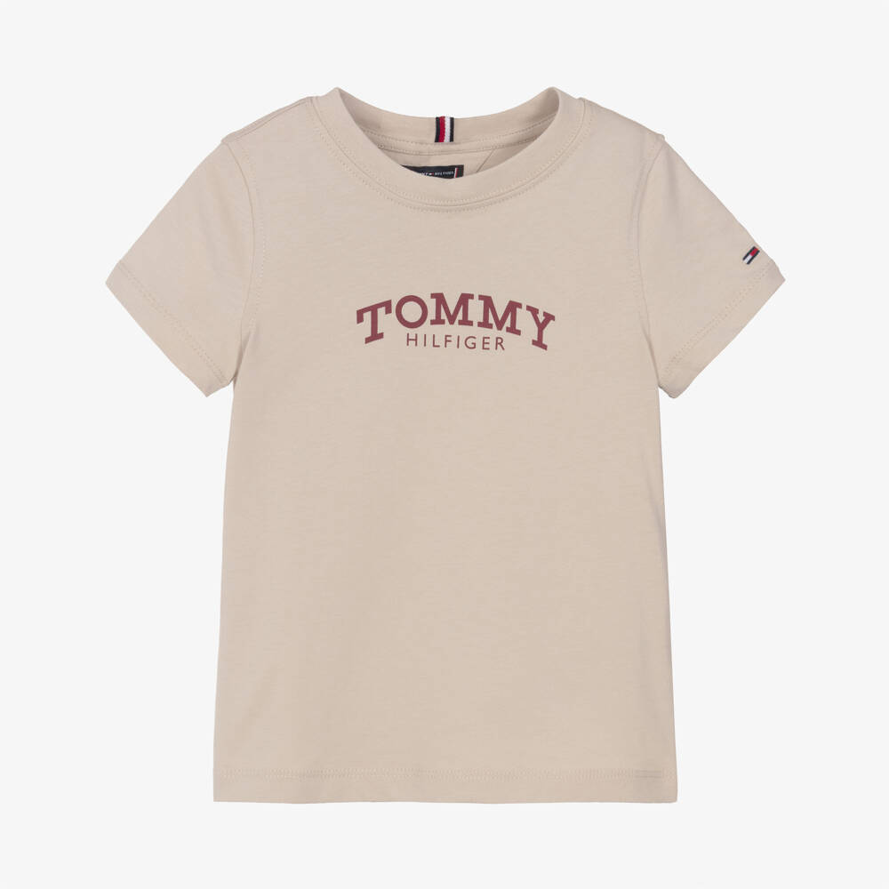 Tommy Hilfiger-Boys Beige Cotton T-Shirt with Monotype Logo Print | Childrensalon