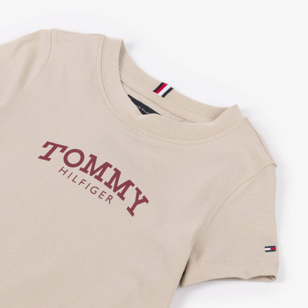 Tommy Hilfiger-Boys Beige Cotton T-Shirt with Monotype Logo Print | Childrensalon