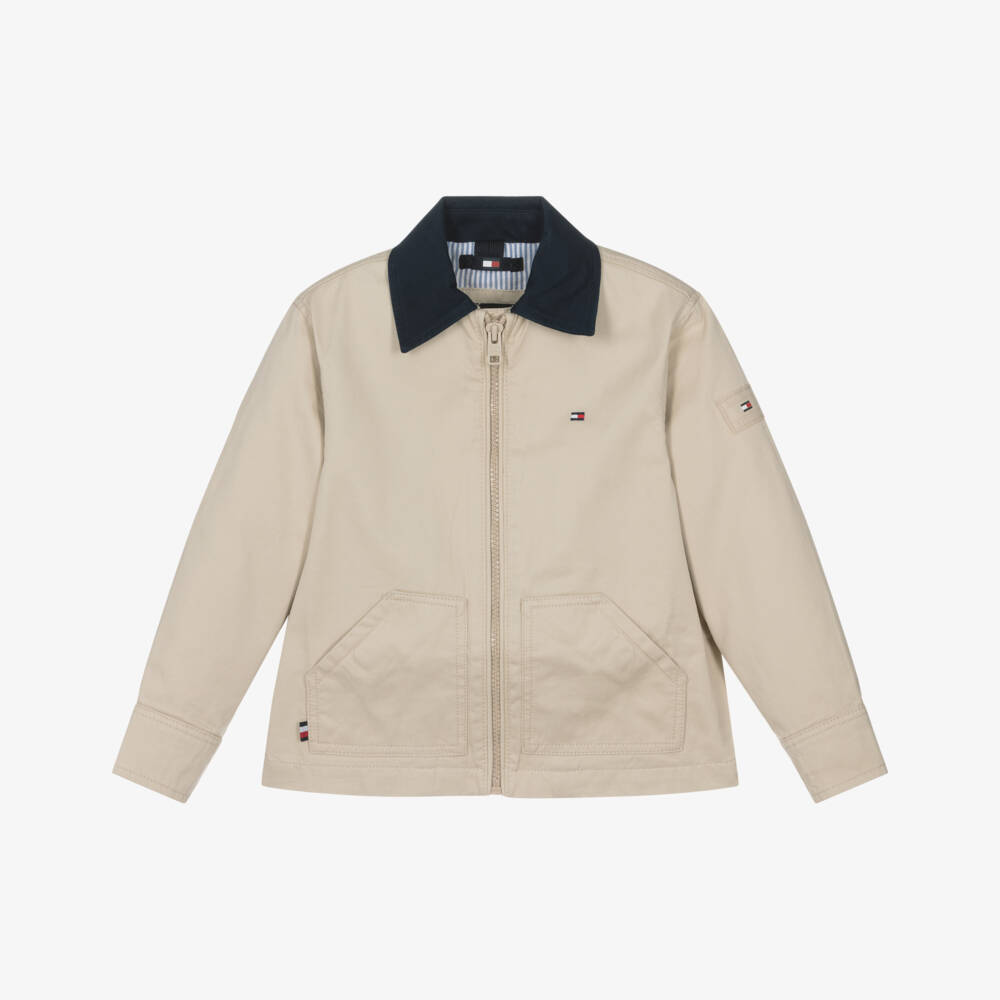 Tommy Hilfiger-Boys Beige Cotton Twill Jacket with Contrast Collar | Childrensalon