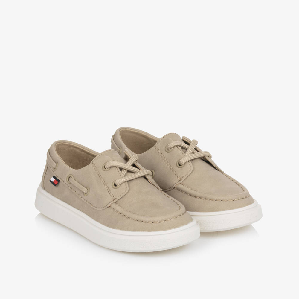 Tommy Hilfiger-Boys Beige Faux Leather Lace-Up Deck Shoes | Childrensalon